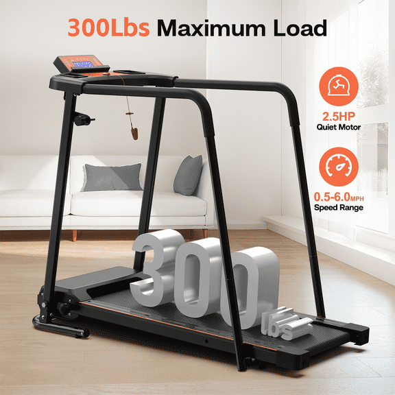LuckyNote Walking Treadmill for Home Seniors, Extended Safety Handrails for Recovery Fitness, Portable Foldable Treadmill with APP Control 300LBS Capacity, Black+Orange
