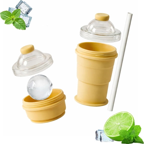 Portable Foldable Ice Ball Cup with Lid and Straw, Reusable Ices Ball Maker Mold, Creative Silicone Ice Hockey Cup Lightweight & Easy-Clean for Whiskey, Juice, Coffee and Cold Drinks (Yellow)