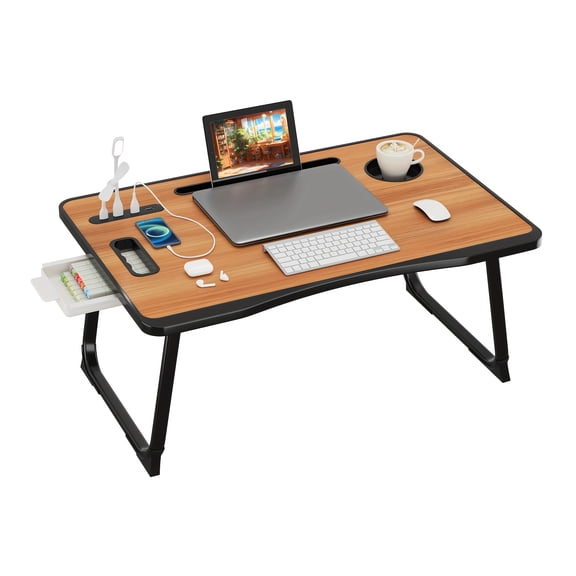 Portable Foldable Lap Desk With USB Charger, Cup Holder & Storage Drawer | Bed, Couch, Office, Travel Laptop Table | Lightweight No-Assembly Design, Full Color | 23.6" × 15.7"