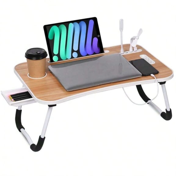 Portable Foldable Laptop Bed Desk and Cup Holder, Stable And Durable Lap Table Tray for Bed, Sofa or Floor-Perfect for Eating, Reading, Writing and Working,Wood