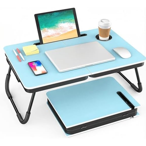 Portable Foldable Laptop Desk for Bed and Couch, Adjustable Lap Desk with Cup Holder and Phone Holder, Ideal for Working, Reading, Writing, and Breakfast-Blue-DZZ004$$Office