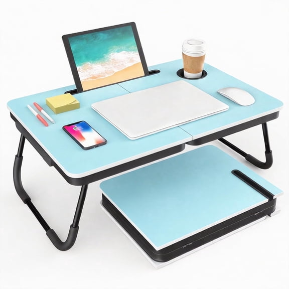 Portable Foldable Laptop Desk for Bed and Couch, Adjustable Lap Desk with Cup Holder and Phone Holder, Ideal for Working, Reading, Writing, and Breakfast (Blue)-VVS1