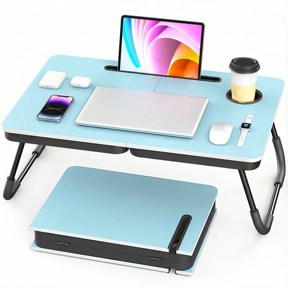 Portable Foldable Laptop Desk for Bed and Couch, Adjustable Lap Desk with Cup Holder and Phone Holder, Ideal for Working, Reading, Writing, and Breakfast -Blue