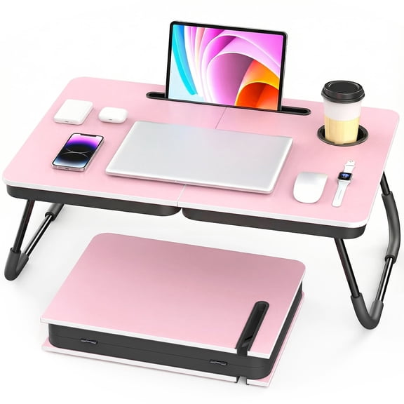 Portable Foldable Laptop Desk for Bed and Couch, Adjustable Lap Desk with Cup Holder and Phone Holder, Ideal for Working, Reading, Writing, and Breakfast-Pink