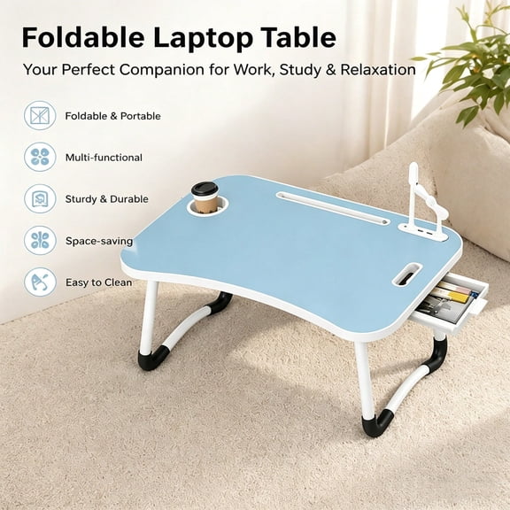 Portable Foldable Laptop Lap Desk with Cooling Fan, LED Light, USB Port, Cup Holder & Storage Drawer, Bed Tray Table for Work, Study, Picnic & Soccer Game Day Watching