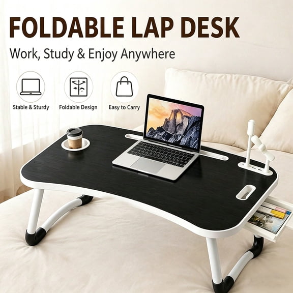 Portable Foldable Laptop Lap Desk with Cooling Fan, LED Light, USB Port, Cup Holder & Storage Drawer, Bed Tray Table for Work, Study, Picnic & Soccer Game Day Watching