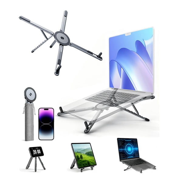 Portable Foldable Laptop Stand for Desk,Foldable Ergonomic,8-Level Height,with 13–17" Laptops,Aluminum Construction,Tripod Compatible,Portable with,Includes Storage Bag (Silver)