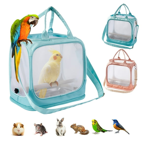Portable Foldable Nylon Mesh Bird Carrier Bag | Transparent Visible Travel Cage - Breathable Lightweight Design with Wood Perch | For Small Pets Like Pigeons & Parakeets | 35x33x25cm | Pink Mint