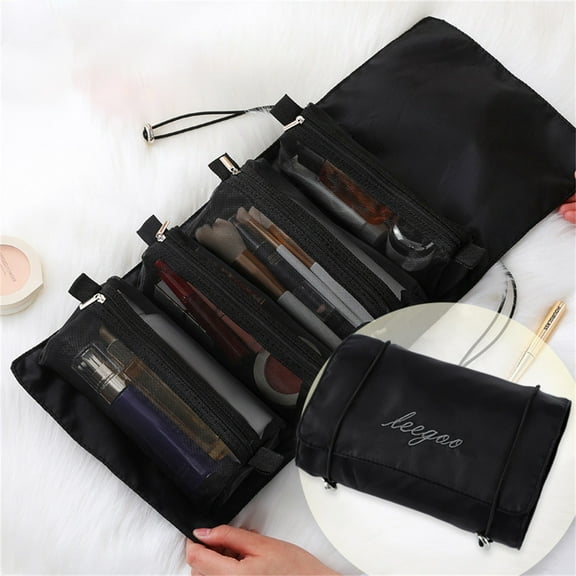 Portable Foldable Organizer,Mesh Cosmetic Bag,4 in 1 Roll up Makeup Bag,Black,3.8oz,3in