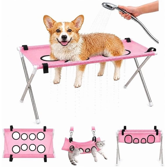 Portable Foldable Pet Grooming Table, Elevated Cat Dog Grooming Hammock with Restraint Loops, Heavy Duty Iron Frame Anti-Slip Pet Nail Trimming Stand for Bathing, Nail Clipping, Grooming