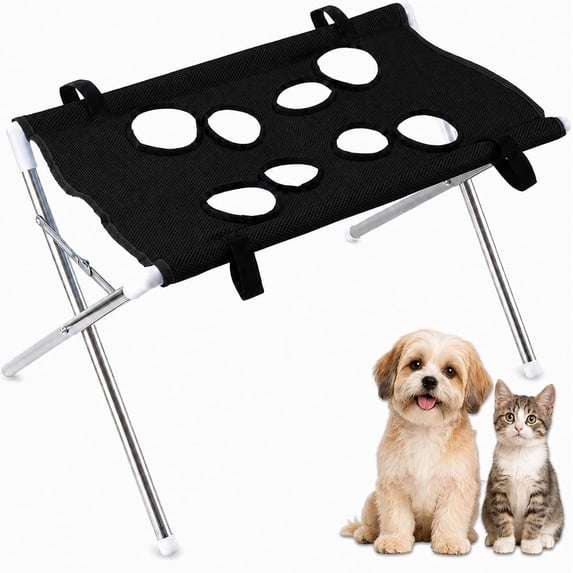 Portable Foldable Pet Grooming Table Stand with Hammock Sling for Cats Small Dogs, Breathable Mesh Restraint Station for Nail Clipping, Ear Care, Hair Brushing,Black