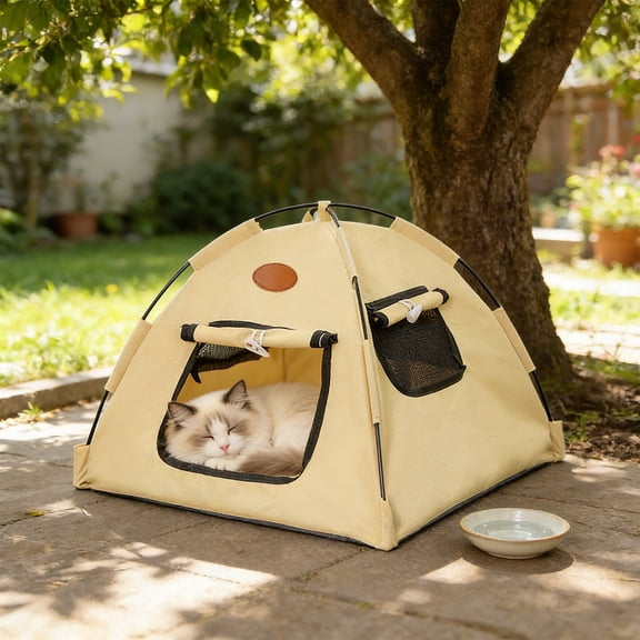 Portable Foldable Pet Tent Bed, Semi-Enclosed Washable Cat Dog House, Breathable Mesh Shelter for Indoor Outdoor Camping Travel, for Small Medium Dogs Cats, Beige S