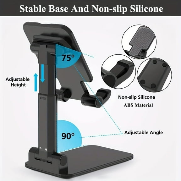 Portable Foldable Phone and Tablet Stand, Durable ABS Desk Holder with Adjustable Viewing Angles for Video Calls, Streaming, Reading, Kitchen Use & Travel