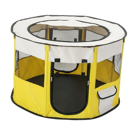 Portable Foldable Playpen indoor and outdoor Camping Play Exercise Small Dogs Kennel Mesh Cage Rabbit with Zipper Cover - Yellow M