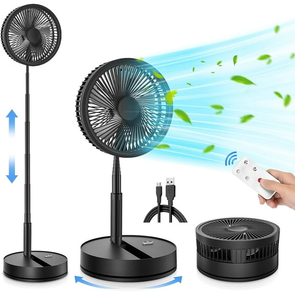 Portable Foldable Rechargeable Oscillating Fan - 9" 7200mah Battery Operated USB C Small Fan Remote, Quiet Table Desk Fan Folding Standing Pedestal Fans for Bedroom Rome Office Camping Travel