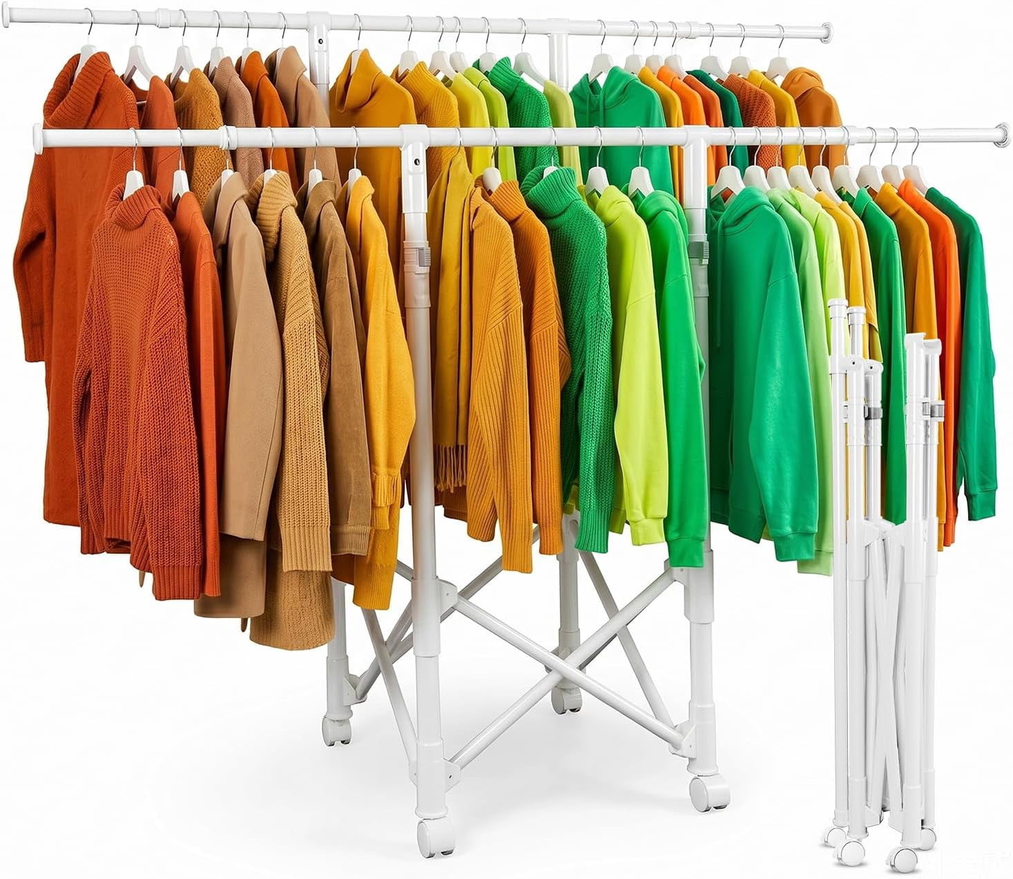 Portable Foldable Rolling Clothes Drying Rack with Double Rods, Steel ...