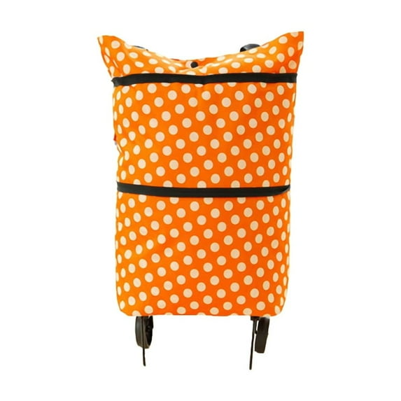 Portable Foldable Shopping Trolley Bag with Wheel Waterproof Oxford Cloth Tote Pouch, Orange Dot