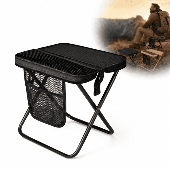 Portable Foldable Stool 12.2" Height, Lightweight Pocket Chair with 3 Storage Pockets, Heavy-Duty Steel Frame Supports 264 lbs, Convertible Stool & Carry Bag, Ideal for Camping & Outdoors(Black)