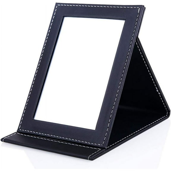Portable Foldable Vanity Mirror (Large) with Adjustable Stand PU Leather Cover Folding Tabletop Makeup Mirror for Travel, Black