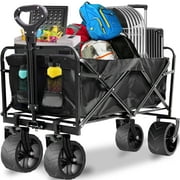 Portable Foldable Wagon Cart, Heavy Duty Beach Cart with 350LBS Large Capacity for Grocery, Shopping, Camping, and Garden - All Terrain Wheels, Collapsible Design, Black