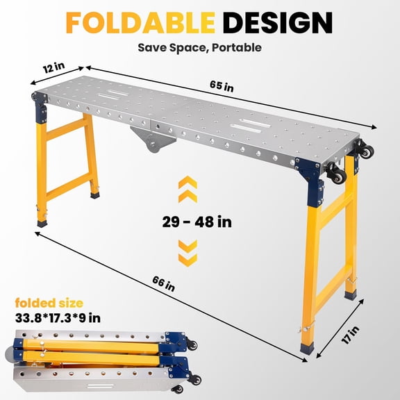 Portable Foldable Welding Table, 5 Gear Height Adjustable Carbon Steel Heavy Duty Workbench with 360 Swivel Wheels, Space Saving Folding Work Platform for Welding, Garage Repair and Home Improvement