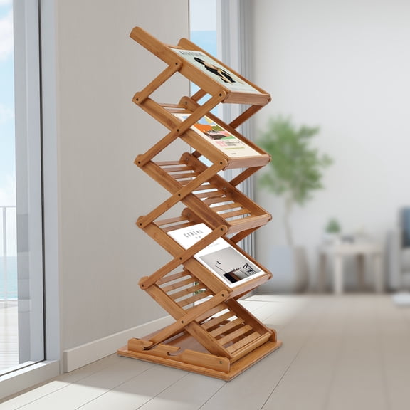 Portable Foldable Wood Literature Rack Display Holder Stand 5 Layers Pop-up Magazine Rack for Reception Area Waiting Room School Libraries Tourist Center