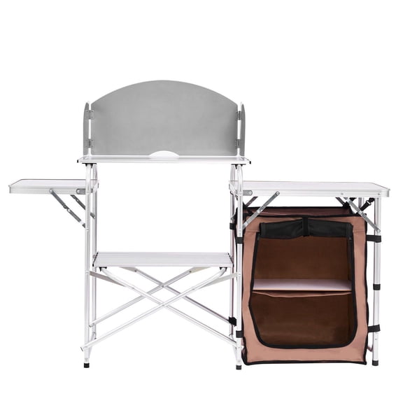 Portable Folding 2 Tier Outdoor Kitchen Table with Zippered Bag for BBQ Party Camping Brown