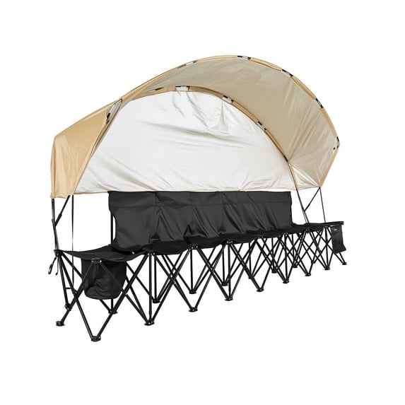 Portable Folding 6 Seat Soccer Bench with Storage Pockets Cup Holders Carrying Bag Sunshade Lightweight for Football Baseball Camping Outdoor Events Black