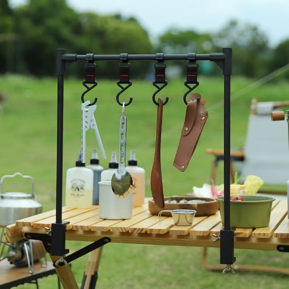 Portable Folding Aluminum Alloy Tableside Hanging Rack with Lamp Holder and Multi-layer Storage for Outdoor Barbecue and Camping