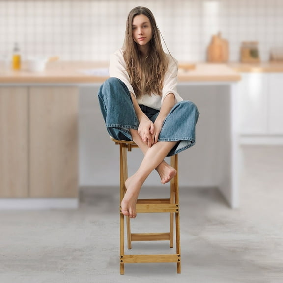 Portable Folding Bamboo Stool Tall Chair Foldable Bar Stool Porch Kitchen Chair For Pubs, Counters, Homes