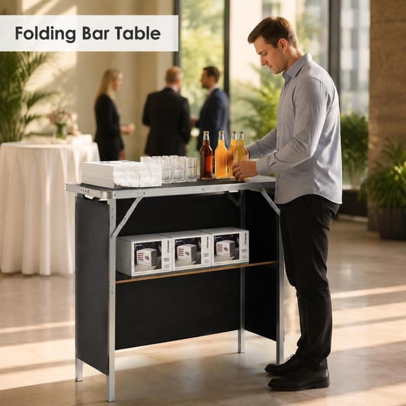 Portable Folding Bar Table with Carrying Case, Storage Shelf and Black Skirt, Freestanding Serving Counter, Cocktail Display Station for Indoor Outdoor Party Picnic Exhibition, Home Event Catering, E