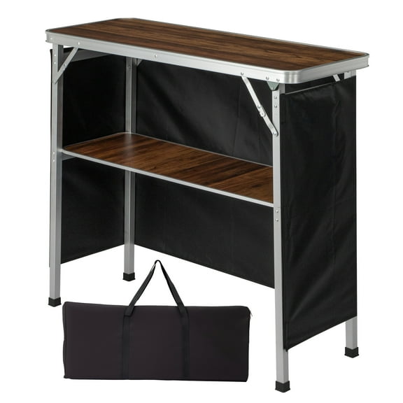 Portable Folding Bar Table with Shelf & Carrying Bag, Lightweight Aluminum Podium Table with Black Skirt for Indoor Outdoor Parties Trade Shows