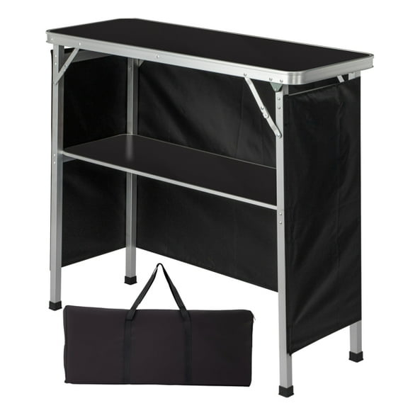 Portable Folding Bar Table with Shelf, Tradeshow Podium Table with Black Skirt and Carrying Bag, for Indoor Outdoor Party Picnic Exhibition