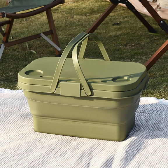 Portable Folding Basket - 18.5x11x9in Outdoor Food Storage Container, with Waterproof Cover, Camping Storage Essentials - Army Green