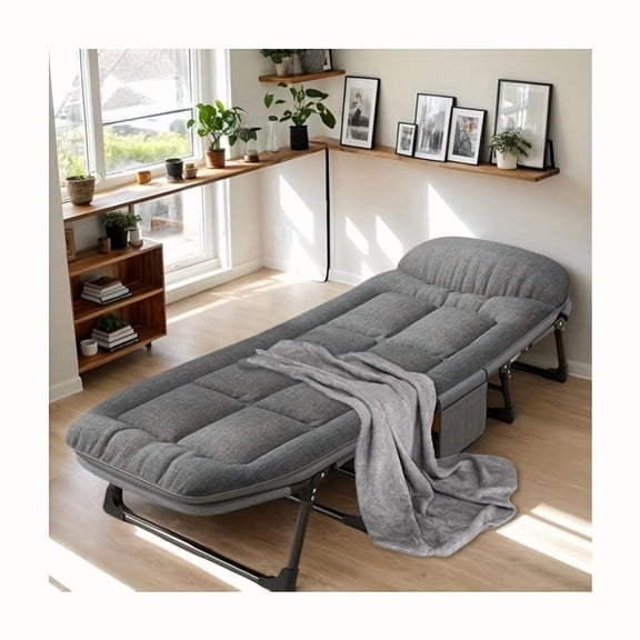 Portable Folding Bed for Adults, with Comfortable Pad, Thickened Headrest, Metal Frame, Space-saving, Easy to Store, Universal for Indoor and Outdoor Use