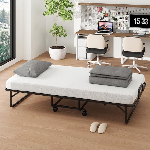 Portable Folding Bed Twin Size with Mattress for Adults Guest, Rollaway Sleeper Memory Foam Comfort, Sturdy Metal Frame Space Saving Design, Easy Setup 75"x38"