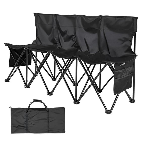 Portable Folding Bench, 4 Seat Foldable Soccer Bench, Lightweight Sideline Seating with Back Rest, Side Pockets, Carry Bag, Black