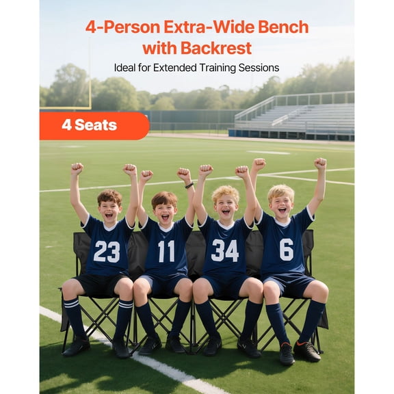 Portable Folding Bench 4 Seat Foldable Soccer Bench with Side Pockets and Carrying Bag Lightweight Sideline Seating with Back Rest for Football Baseball Camping Outdoor Events Black