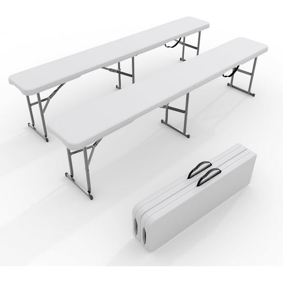 Portable Folding Bench 6 Foot 2 Pack, Plastic Foldable Bench HDPE BenchTop with Carrying Handle for Outdoor Picnic Camping Party Sports Activities White