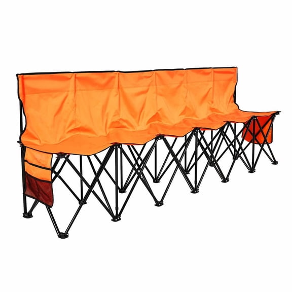 Portable Folding Bench, 6 Seat Foldable Soccer Bench with Side Pockets and Carrying Bag, Lightweight Sideline Seating with Back Rest for Football, Baseball, Camping, Outdoor Events, Orange