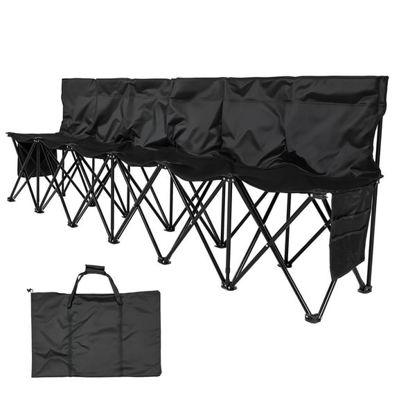 Portable Folding Bench, 6 Seat Soccer Bench with Multiple Storage Pockets & Carrying Bag, Lightweight Sideline Seating with Back Rest for Football, Baseball, Camping, Outdoor Events, Black