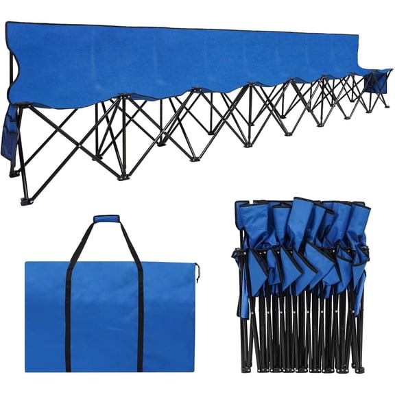 Portable Folding Bench, Foldable Sideline Bench for Team, 8 Seats Outdoor Camping Chair with Carry Bag & Backrest, Team Sideline Bench for Football,Soccer, Fishing. Blue