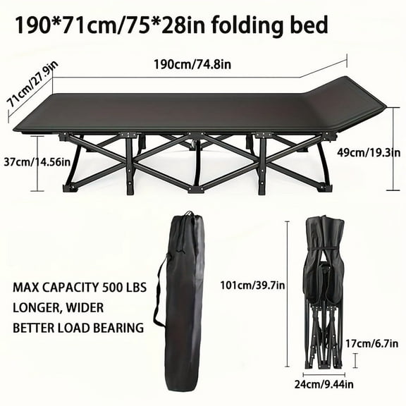 Portable Folding Camping Bed - 70/75 Inch with Flip Mattress & 500LB Capacity. Double-Layer Oxford & Thick Frame for Outdoor/Indoor Use.