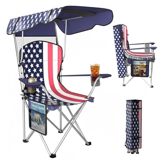 Portable Folding Camping Chair Flag Design Outdoor Beach Lawn Seating Weather Resistant w/Canopy