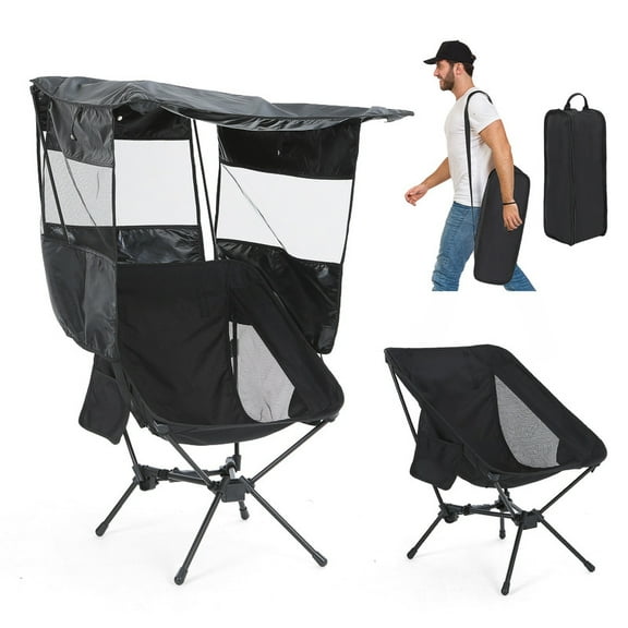 Portable Folding Camping Chair with Removable Sunshade, High Back, Low Profile, Lightweight Design & Backpack Carry Bag for Outdoor Use (1 Pack, Black)