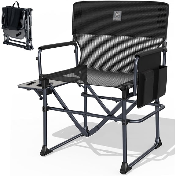 Portable Folding Camping Chair with Side Table, Breathable Textilene Mesh, 400 lb Capacity, Black
