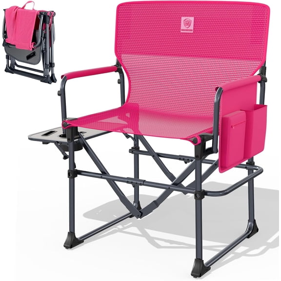Portable Folding Camping Chair with Side Table, Breathable Textilene Mesh, 400 lb Capacity, Pink