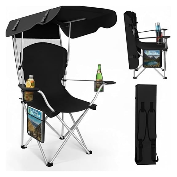 Portable Folding Camping Chairs with Canopy Shade, Beach Chair for Adults, Durable Weather Resistant 600D Cloth, Camping Chair with Canopy for Outdoors [Black]