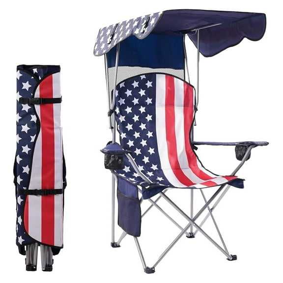 Portable Folding Camping Chairs with Canopy Shade, Beach Chair for Adults, Durable Weather Resistant 600D Cloth, Camping Chair with Canopy for Outdoors [Flag]