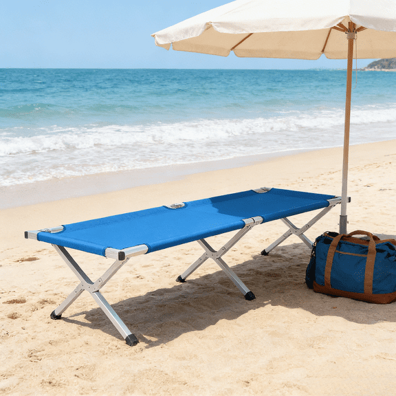 Portable Folding Camping Cot Army Blue Aluminum Frame Oxford Fabric 74.8in 11.4lbs Single Person Sleeping Bed Outdoor Hiking Carrying Bag Lightweight Heavy Duty Adult Use With Size